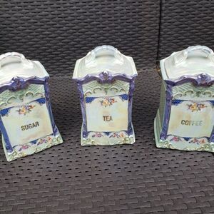 Antique German White Block iridescent canister & mini canister sets